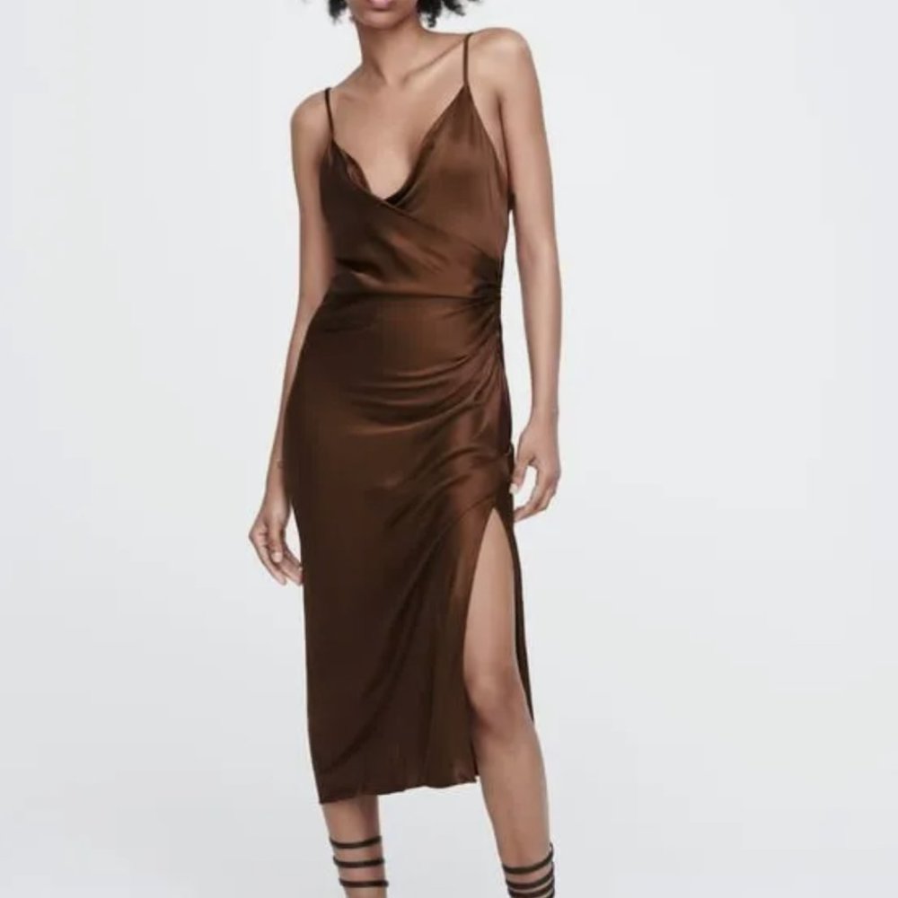 Zara Brown Midi Satin Dress sz L - Worn only 2x